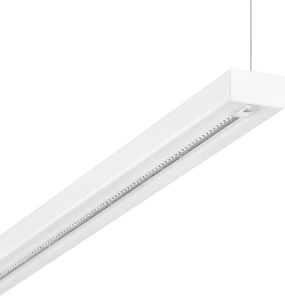 Weiße, rechteckige LED-Leuchte mit Sicht auf die Lichtquelle, die an einem dünnen Kabel hängt.