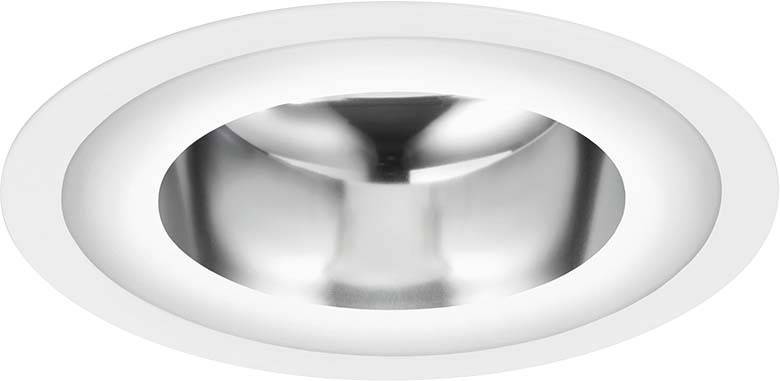 Runde, silberne Einbauleuchte mit glänzendem Reflektor, von einem weißen Rahmen umgeben, vor weißem Hintergrund.