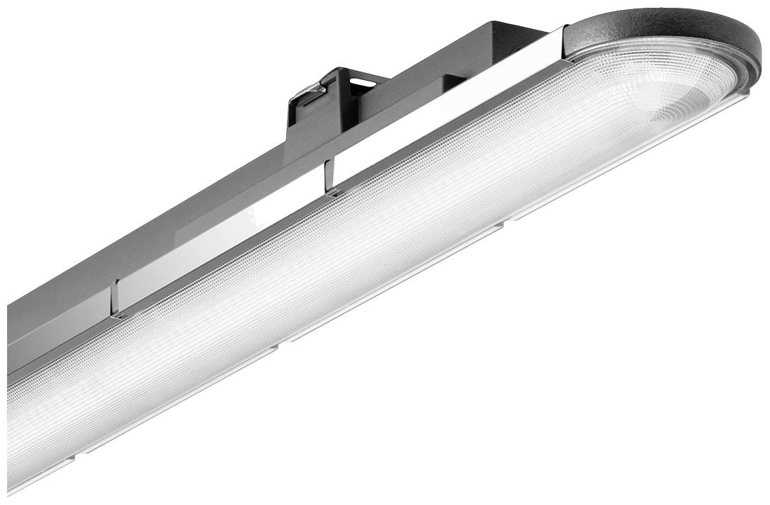 Industrieleuchte mit rechteckigem Gehäuse und runder Abdeckung, strahlt helles weißes Licht aus, zur Deckenmontage geeignet.