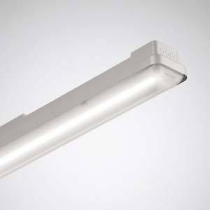 Ein weißes LED-Deckenlicht mit schlichtem Design, das von oben leuchtet, montiert an einer grauen Decke.