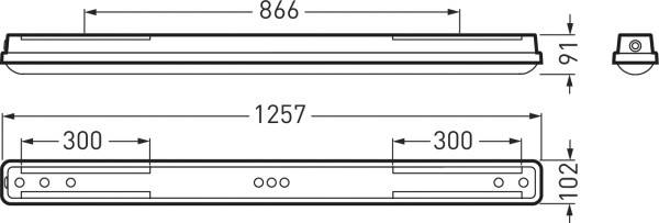 Technische Zeichnung einer Leuchte mit Maßen: Länge 1257 mm, Breite 91 mm, Höhe 102 mm. Befestigungsabstände sind 300 mm.