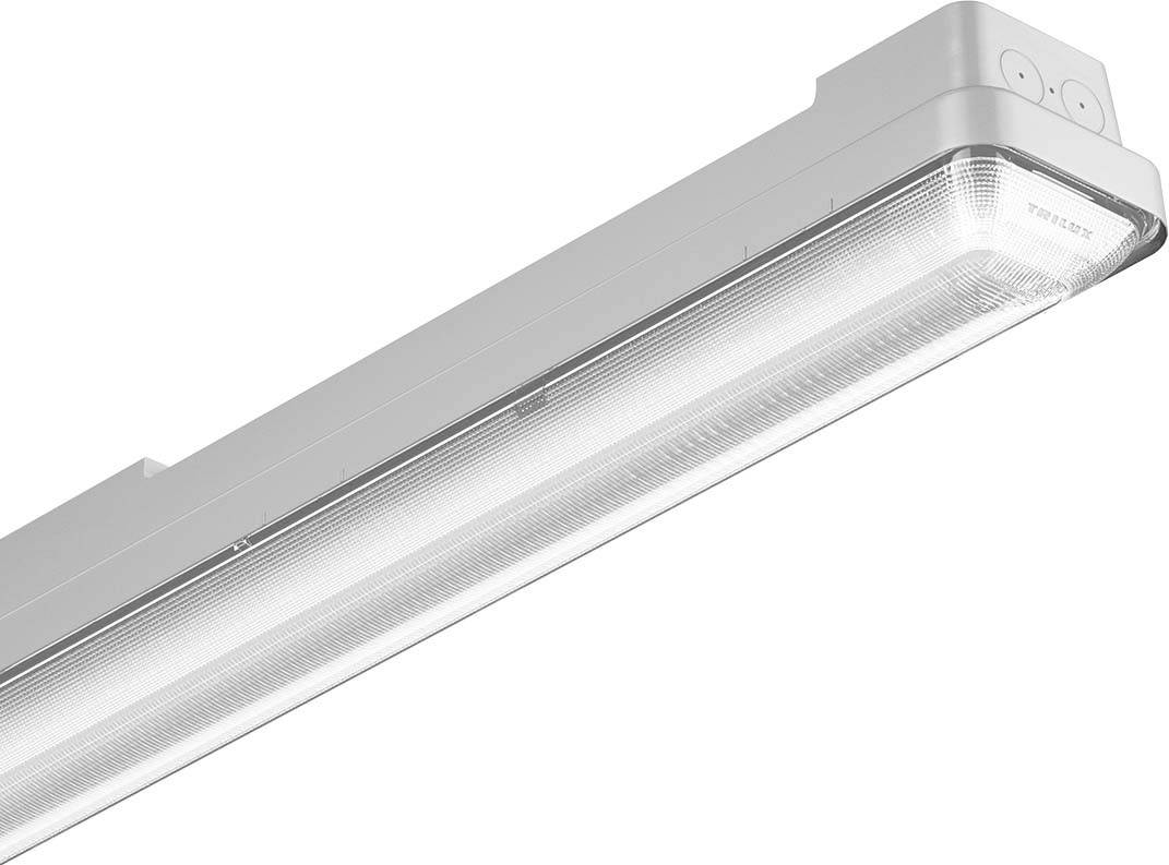 Eine moderne LED-Leuchte, rechteckig und weiß, für Deckenmontage, ideal für Büros oder Gewerberäume, bietet gleichmäßige Ausleuchtung.