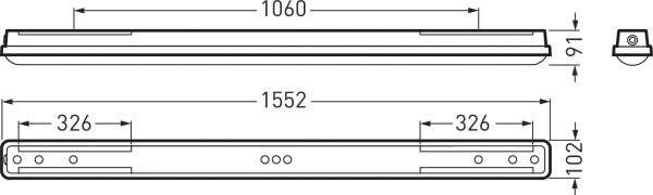 Technische Zeichnung einer rechteckigen Leuchte mit Abmessungen: 1552 mm Gesamtlänge, 1060 mm Leuchtmittel, 102 mm hoch.