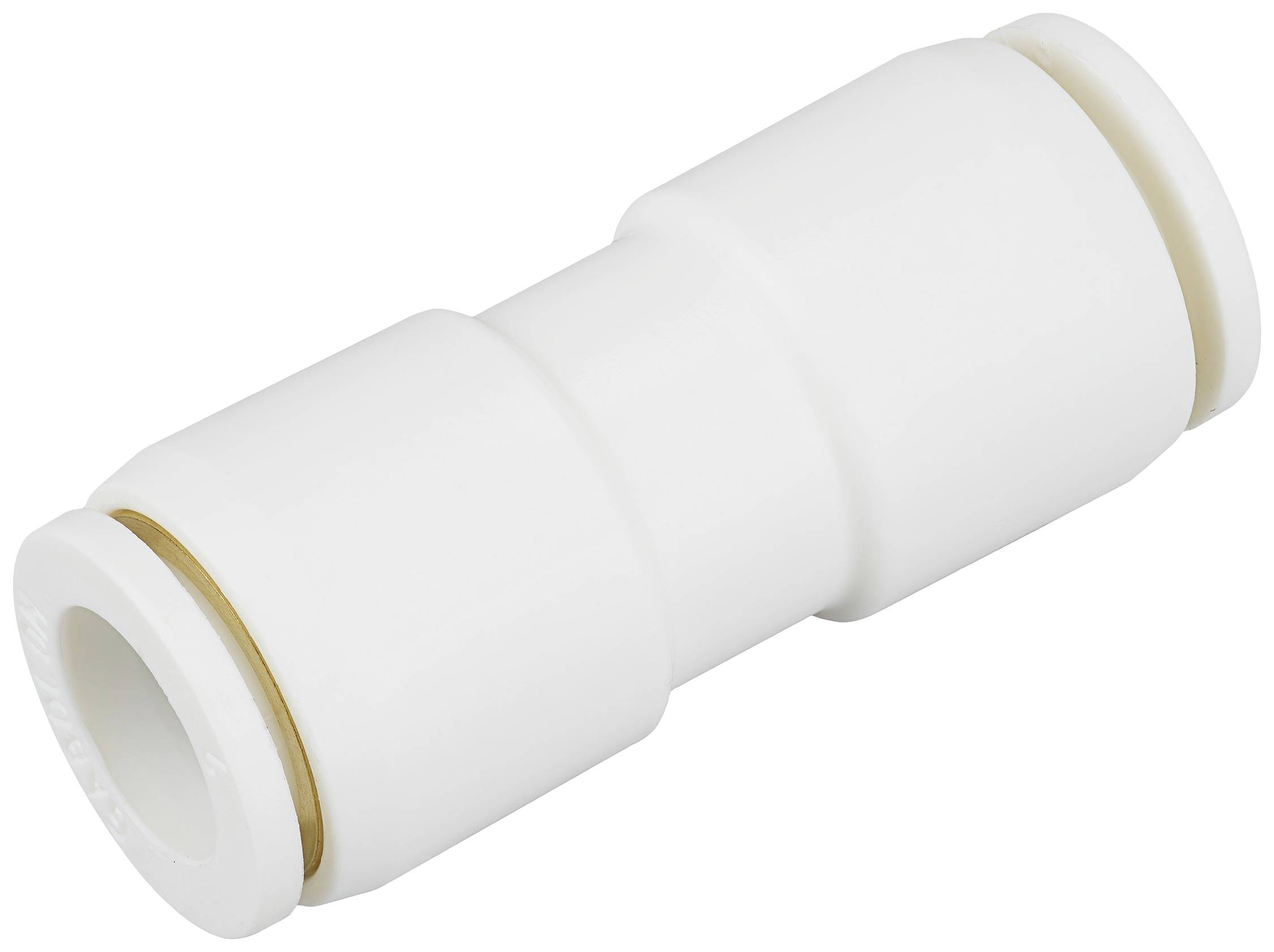 Weißer Kunststoffrohrverbinder, zylindrisch mit zwei abgerundeten Enden. Wird verwendet, um zwei Rohre sicher zu verbinden.