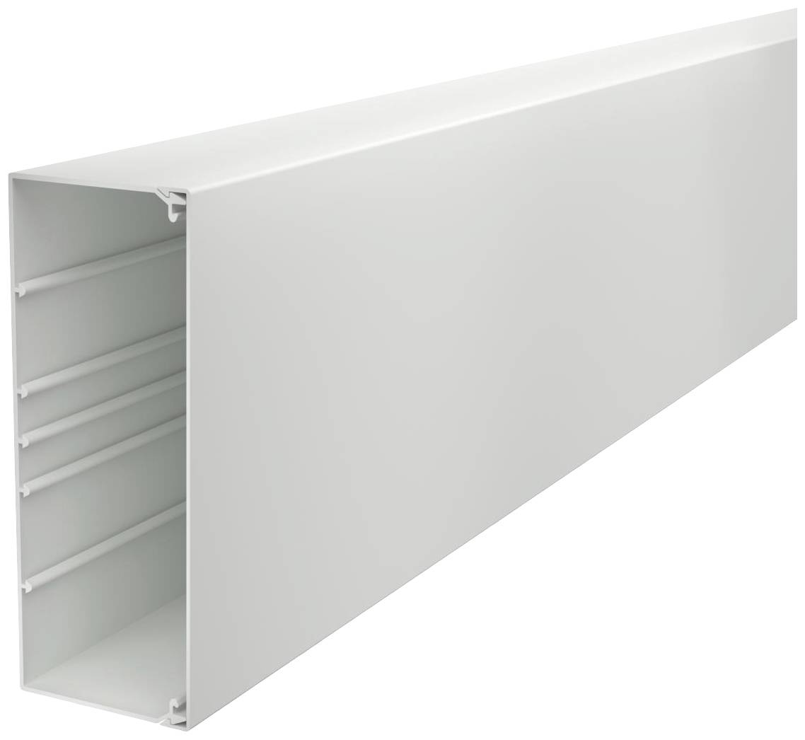 Weißer rechteckiger Kabelkanal aus Kunststoff mit mehreren Schienen im Inneren.