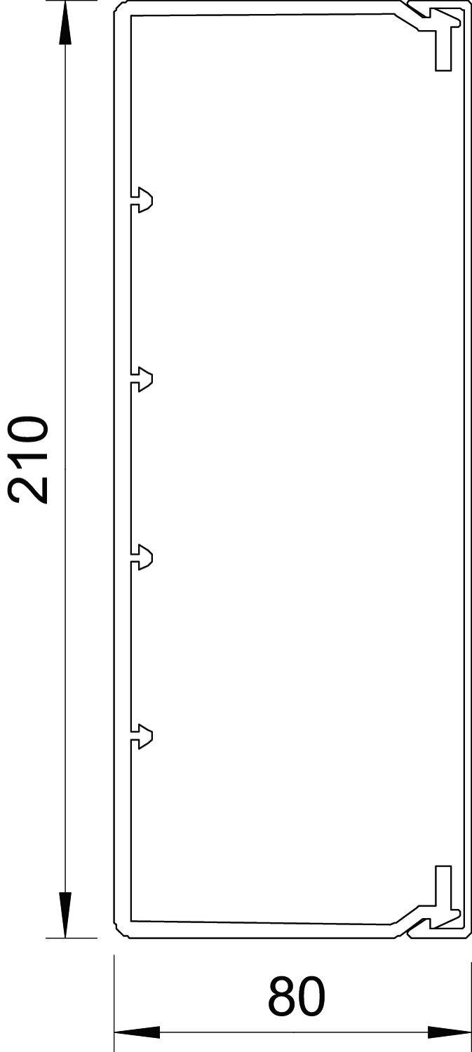 Technische Zeichnung eines rechteckigen Gehäuses mit den Maßen 210 x 80 mm. Seitenansicht zeigt drei innere Clips.