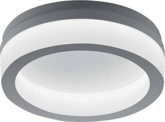 Runde, moderne LED-Deckenleuchte mit drei übereinanderliegenden Ringen aus weißem und grauem Material.