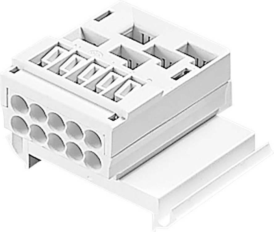 Ein weißer modularer elektrischer Steckverbinder mit mehreren Anschlussstellen, geeignet zur Montage auf einer Schiene.
