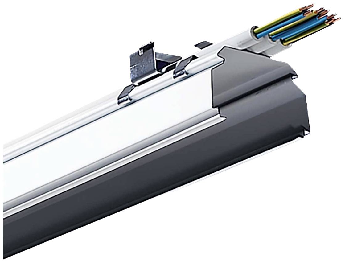 Industrieleuchte mit zwei integrierten LED-Röhren, Befestigungsklammern und herausragenden elektrischen Kabeln für effizientere Beleuchtung.