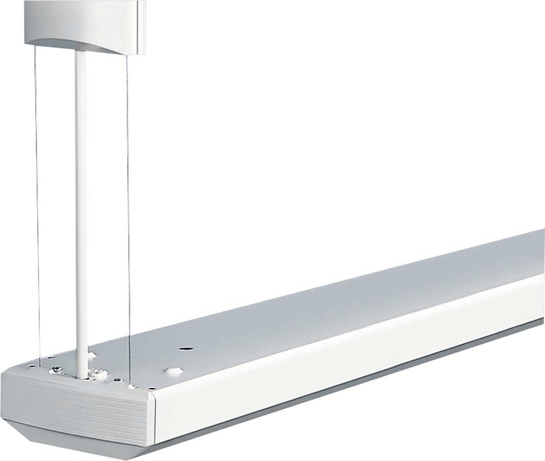Eine moderne, weiße Hängelampe mit schlankem Design und minimalistischem Stil, aufgehängt an dünnen Kabeln.