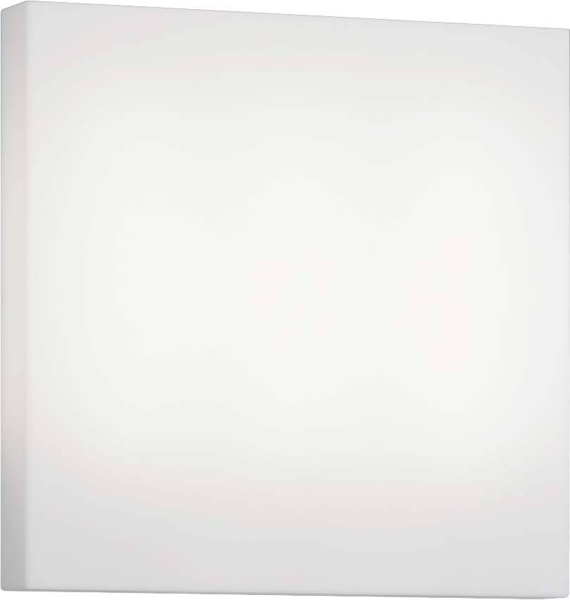 Eine weiße, quadratische Wandleuchte mit minimalistischen Design installiert an einer Wand.