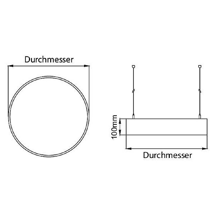 Technische Zeichnung einer runden Hängeleuchte, seitlich und von unten dargestellt. Der Durchmesser und die Höhe von 100 mm sind angegeben.