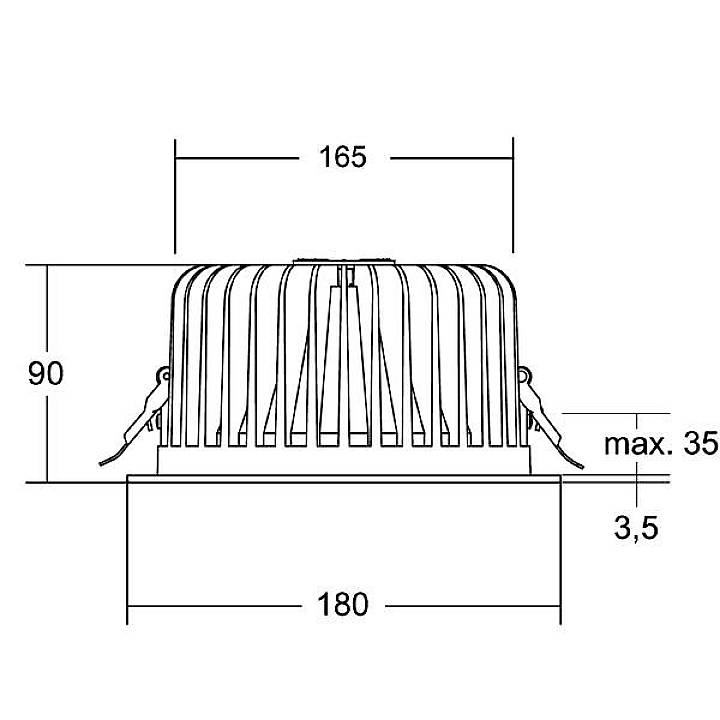 Zeichnung einer runden Lampe mit angegebenen Maßen: Durchmesser 165 mm, Höhe 90 mm, Gesamtbreite 180 mm, max. Einbauhöhe 35 mm.