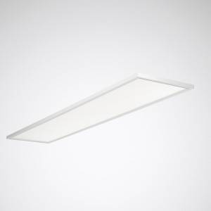 Rechteckige LED-Deckenleuchte, flach und weiß, an einer hellgrauen Decke montiert.