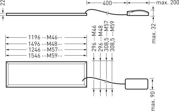 Technische Zeichnung einer rechteckigen Leuchte mit Maßen. Länge: 1196-1546 mm, Breite: 22 mm, Höhe: max. 32 mm. Inklusive Stromkabel.