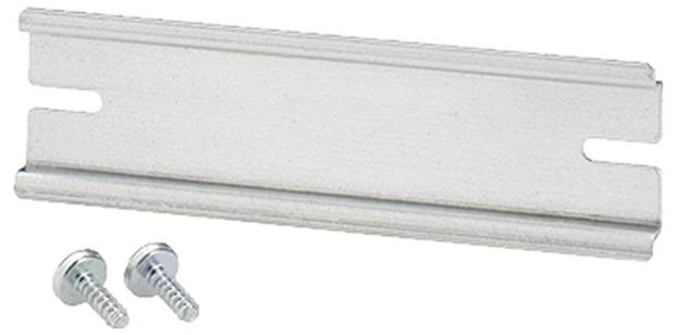 Metallplatte mit zwei Schlitzen, begleitet von zwei Schrauben. Wird häufig zur Befestigung von Konstruktionselementen verwendet.