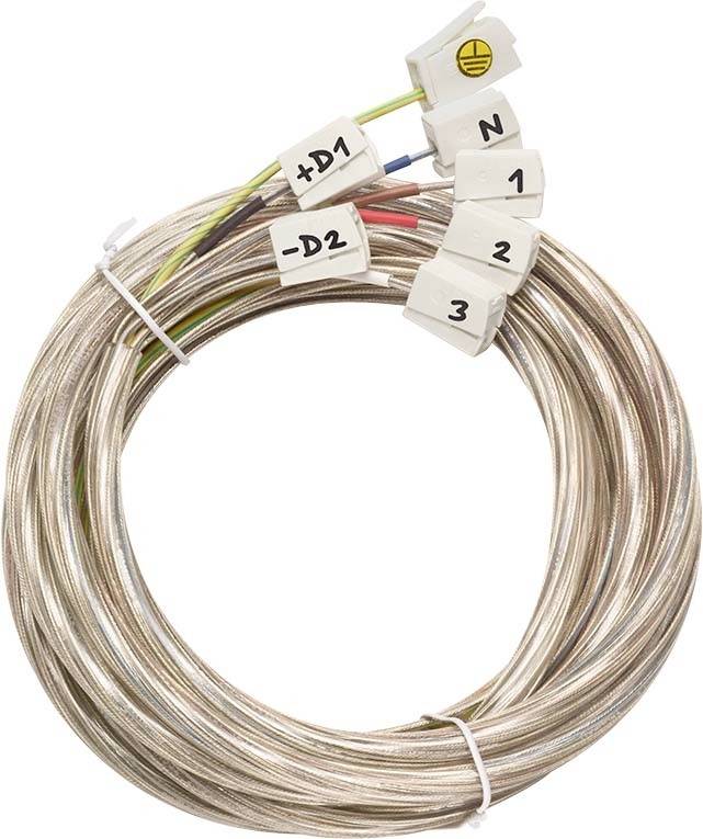 Ein Bündel von silbernen Drähten mit beschrifteten Steckverbindern: '+D1', '-D2', 'N', '1', '2', '3', und einem Erdungssymbol.
