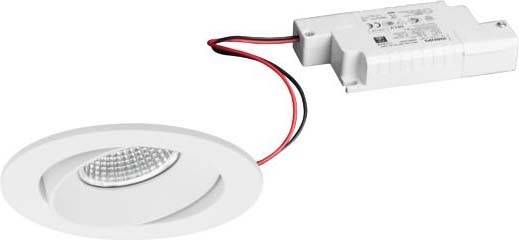 Weißer LED-Einbaustrahler mit verbundenem Trafo und zwei Drähten, geeignet für Deckenmontage in Wohn- oder Geschäftsräumen.