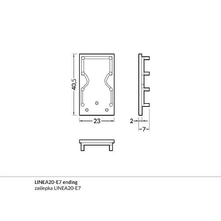 Technische Zeichnung eines rechteckigen Endstücks LINEA20-E7 mit Maßen: Länge 40,5 mm, Breite 23 mm und Dicke 7 mm.