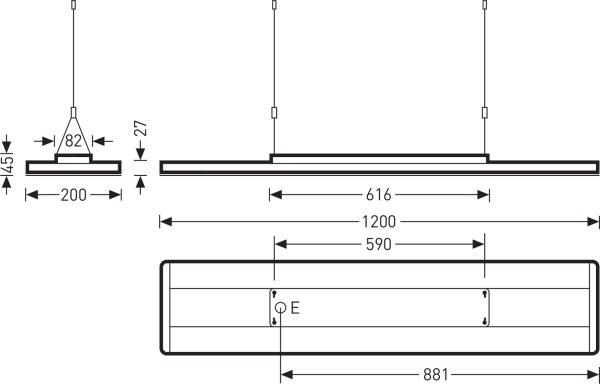 Diagramm einer Pendelleuchte mit Maßen: Breite 1200 mm, Tiefe 200 mm. Seitenansichtshöhe 45 mm, E-Verkabelungspunkt markiert.