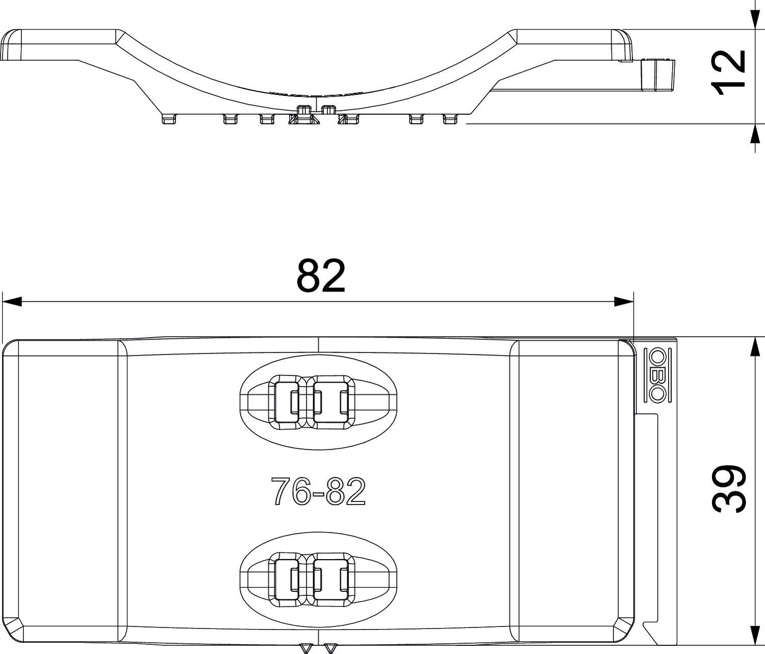Technische Zeichnung eines Objekts mit den Maßen: Länge 82 cm, Breite 39 cm, Höhe 12 cm. Oben zentrale Befestigungselemente, Aufschrift '76-82'.