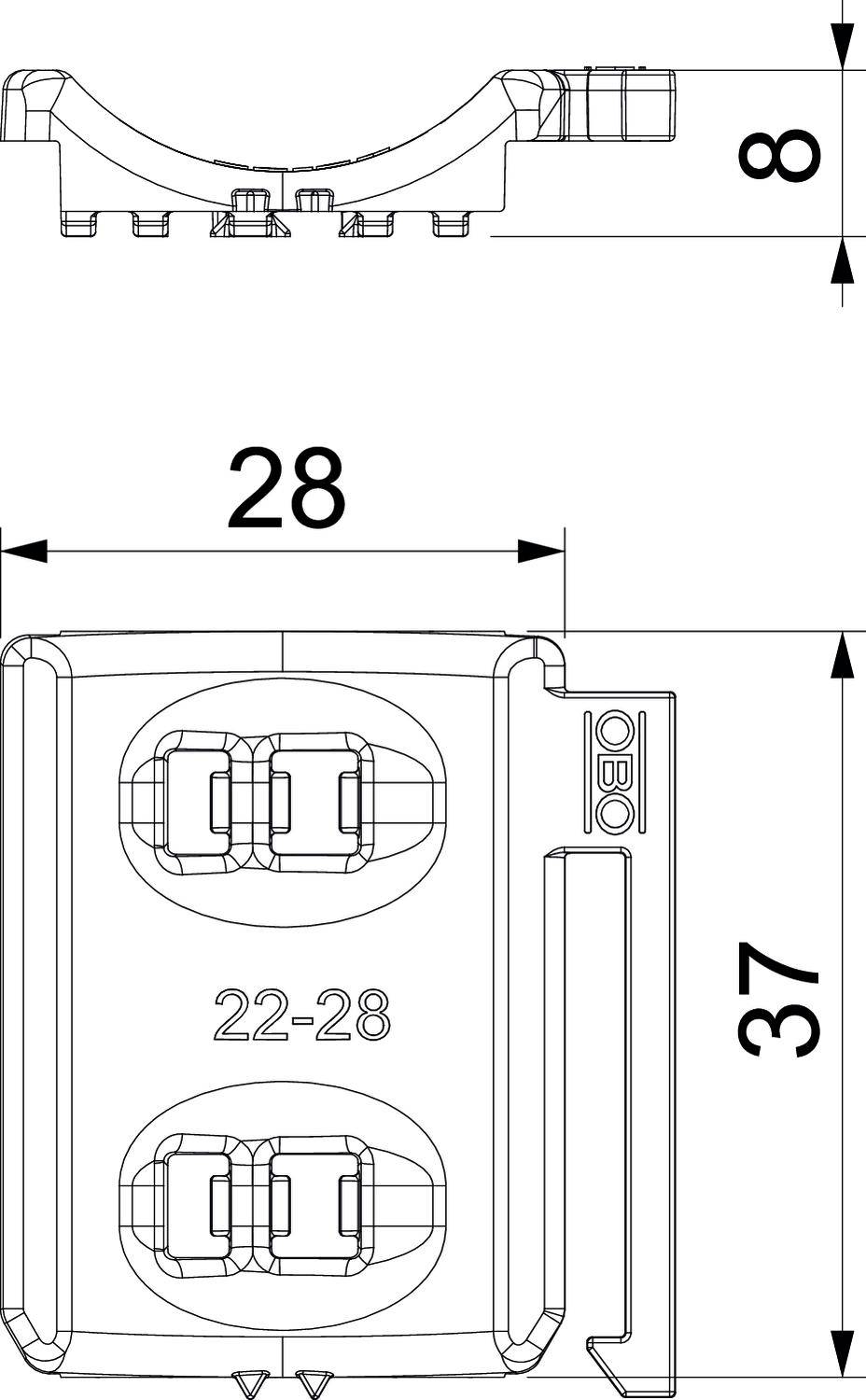 Technische Zeichnung eines Bauteils mit den Maßen 37 mm Höhe und 28 mm Breite. Die obere Ansicht zeigt eine Dicke von 8 mm.