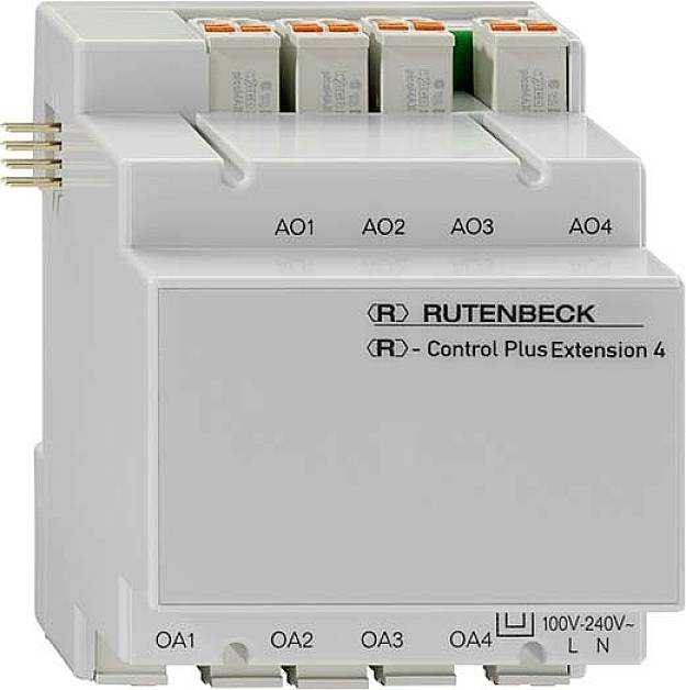 Ein Steuergerät mit vier orange-weißen Steckverbindern oben, mit der Aufschrift 'Rutenbeck Control Plus Extension 4'.