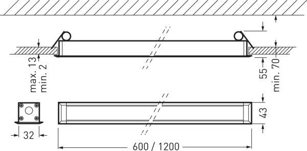 Technische Zeichnung einer länglichen Deckenleuchte mit Abmessungen. Montagehöhe zwischen 2 und 13 cm. Breite: 600/1200 mm, Höhe: 55 mm.