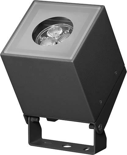 Ein quadratischer LED-Strahler in einem Gehäuse aus schwarzem Metall, geeignet für Außenbeleuchtung.