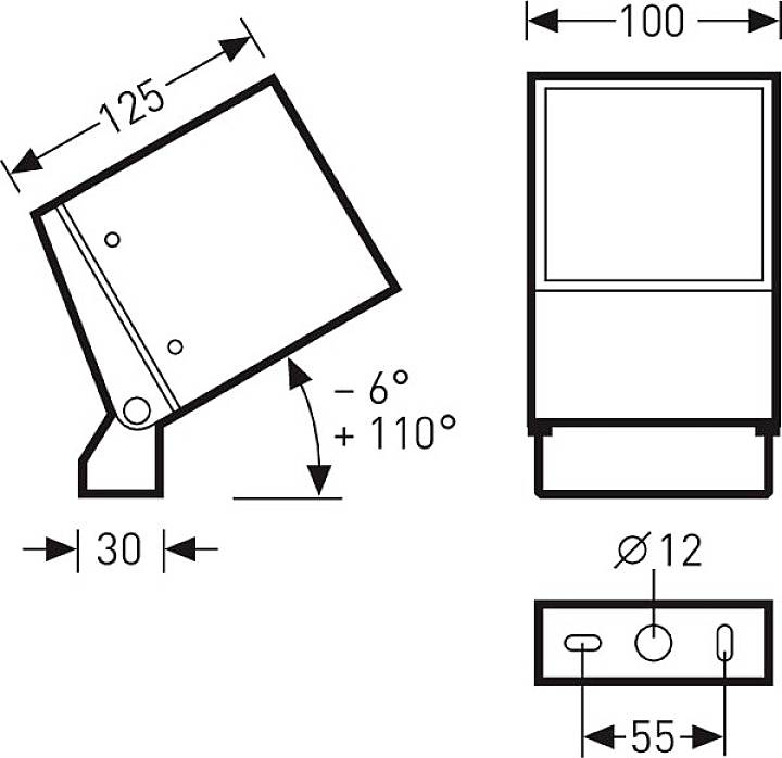 Technische Zeichnung eines rechteckigen Geräts mit Maßen 125x100 mm, Neigungswinkel -6° bis +110°, mit Befestigungslöchern.