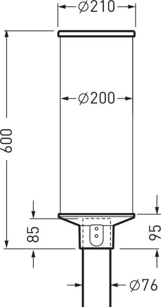 Technische Zeichnung eines zylindrischen Objekts mit verschiedenen Durchmessern und Längenangaben. Hauptzylinder: 600 mm hoch, 200 mm Durchmesser.