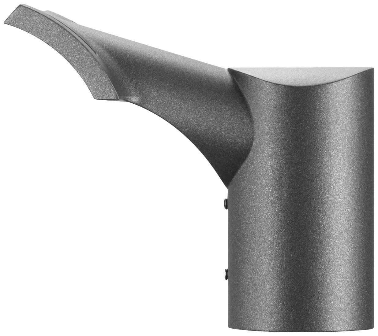 Grauer, metallischer Wasserhahn mit modernem, gebogenem Auslauf.