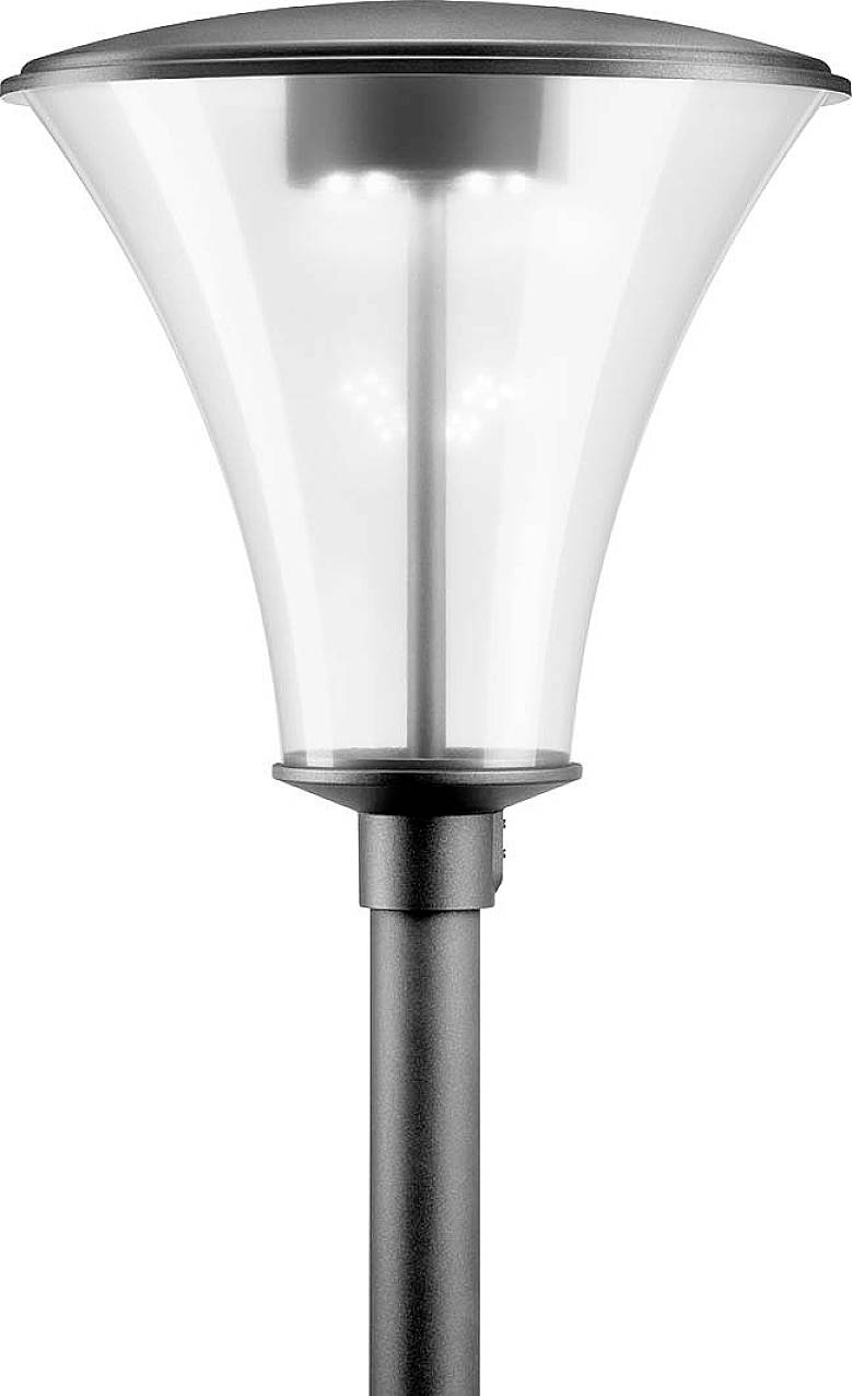 Schwarze, moderne Außenleuchte mit transparentem Glasschirm und mehreren LEDs, geeignet zur Ausleuchtung von Wegen oder Gärten.