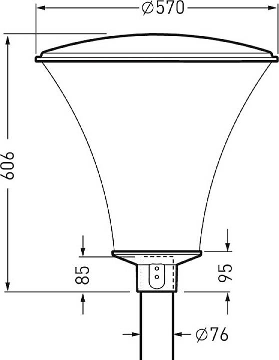 Technische Zeichnung einer Straßenlampe mit Abmessungen: Durchmesser 570 mm, Gesamthöhe 606 mm, Breite des Sockels 76 mm.