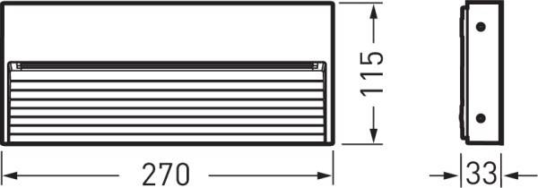 Technische Zeichnung einer rechteckigen Lampe mit Maßen: Breite 270 mm, Höhe 115 mm, Tiefe 33 mm. Seiten- und Vorderansicht.