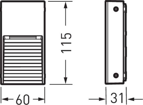 Technische Zeichnung einer rechteckigen Vorrichtung mit den Maßen 60x31x115 mm, Seiten- und Frontalansicht.