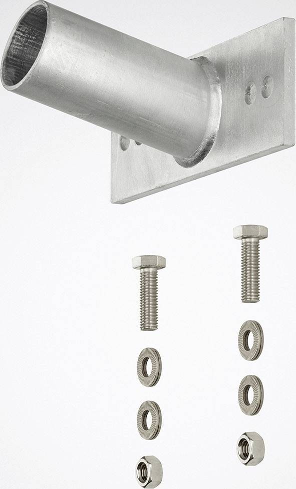 Metallisches Rohrstück mit Montageplatte und Befestigungselementen, einschließlich Schrauben, Muttern und Unterlegscheiben, auf hellem Hintergrund.