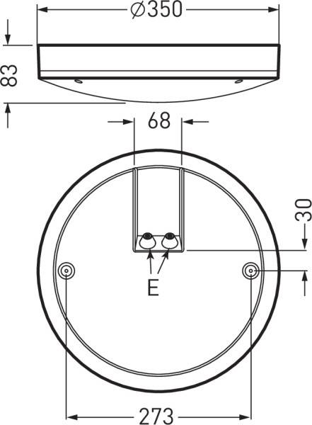 Zeichnung einer runden Deckenleuchte mit Maßen: Durchmesser 350 mm, Höhe 83 mm, Anschlusskabel-Position 68 mm von der Mitte.