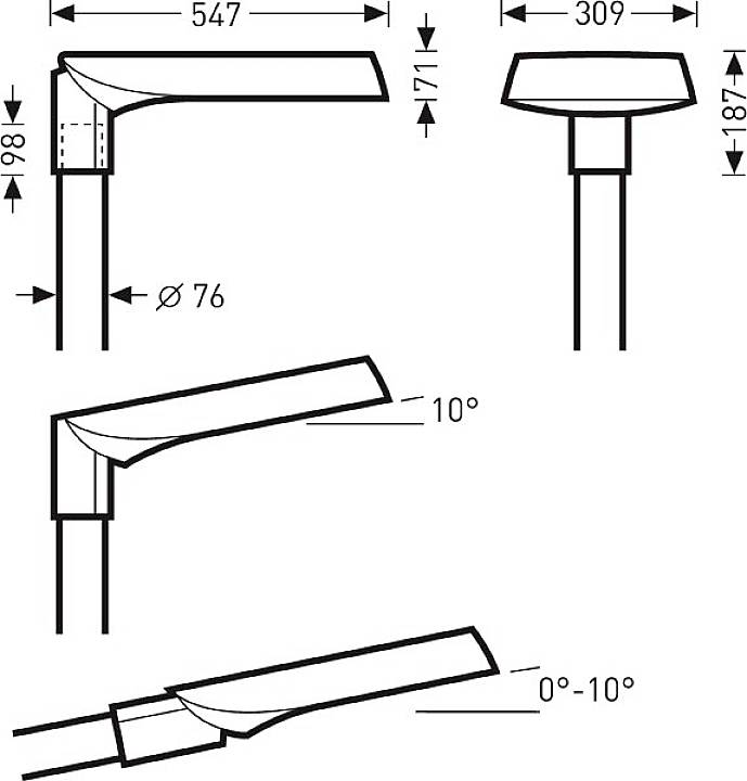 Technische Zeichnung eines Wasserhahns mit Maßen: Höhe 98 mm, Breite 547 mm, Tiefe 309 mm. Neigungswinkel von 0° bis 10°.