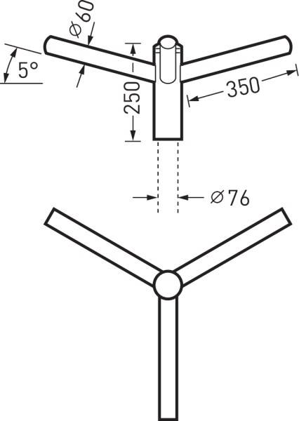 Diagramm eines Y-förmigen Rohrs: Zwei seitliche Arme im 5-Grad-Winkel, Längen- und Durchmesserangaben mit 350, 250, 76 mm.