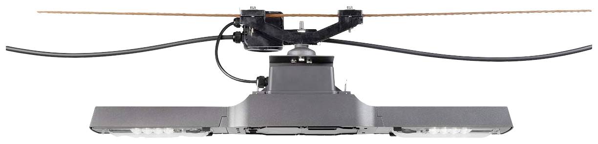 Ein moderner Stromabnehmer für Züge, der Oberleitungskabel berührt, zeigt technische Details der Aufhängungs- und Kontaktstruktur.