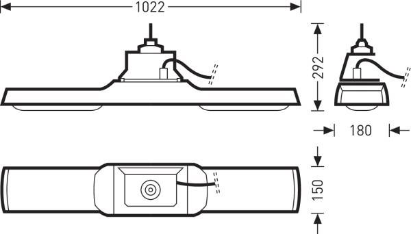 Technische Zeichnung einer Deckenleuchte mit den Maßen: Breite 1022 mm, Höhe 292 mm, Tiefe 180 mm, Stirnseitenansicht 150 mm.