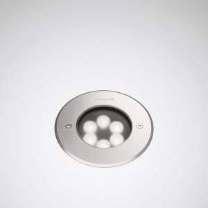 Rundes, eingelassenes Deckenlicht mit sechs sichtbaren LED-Leuchten in einem modernen, metallischen Rahmen.