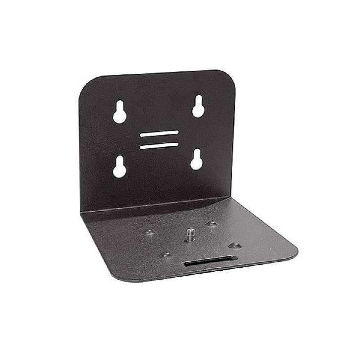 Schwarze Metall-Halterung mit vier Bohrungen zur Wandmontage. Enthält eine abgeschrägte Plattform mit einer mittigen Schraube.
