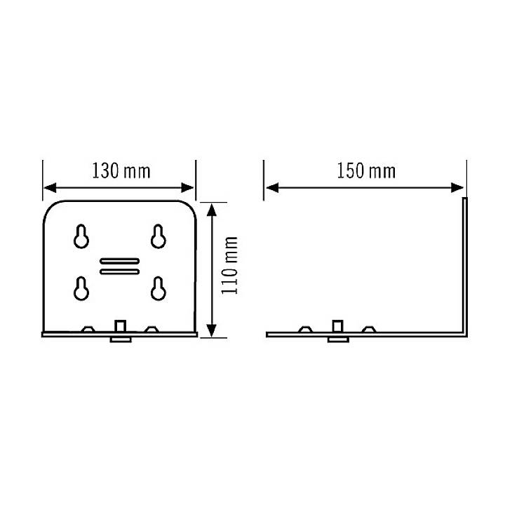 Technische Zeichnung eines Winkelverbinder-Metallstücks mit Maßen: Höhe 110 mm, Breite 130 mm, Länge 150 mm. Draufsicht und Seitenansicht.