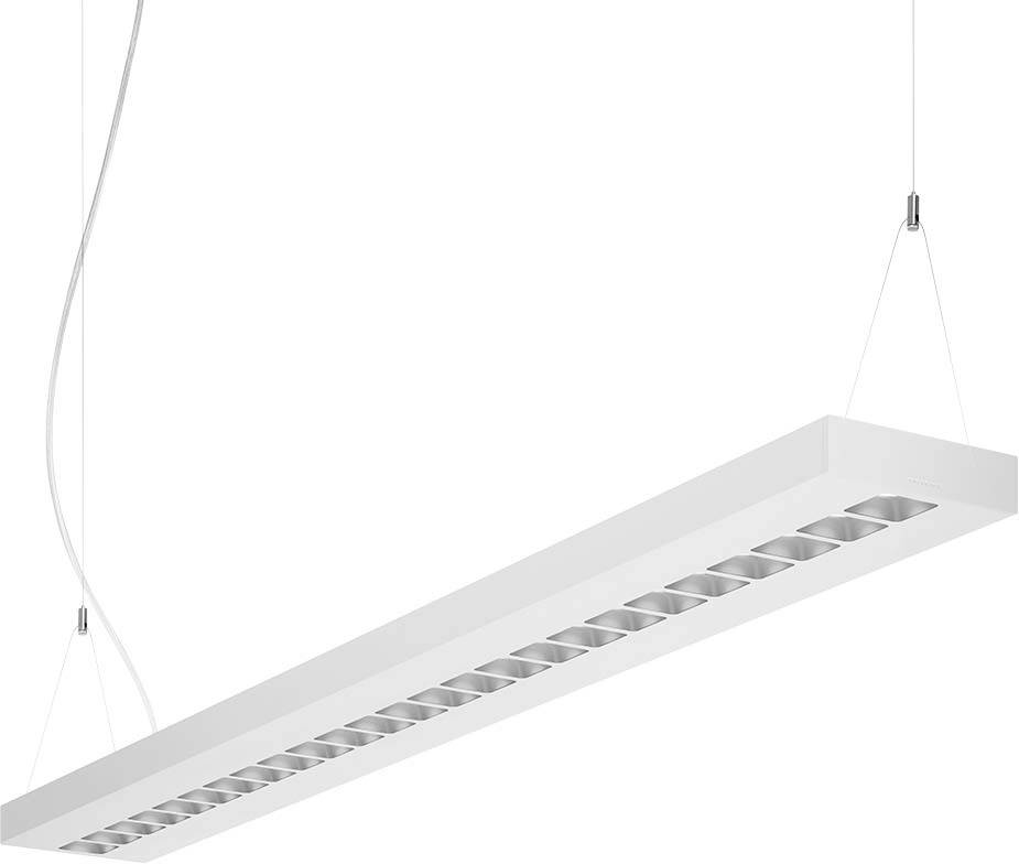 Weiße, rechteckige Pendelleuchte mit gebündelten Lichtern, von der Decke abgehängt; modern und minimalistisch gestaltet.