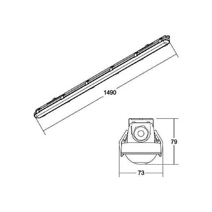 Linienzeichnung einer Leuchte mit Maßen: Länge 1490 mm, Höhe 79 mm, Breite 73 mm. Zeigt Vorderansicht und Querschnitt.