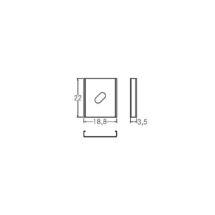 Technische Zeichnung eines quadratischen Objekts mit Maßen: Breite 18,8 mm, Höhe 22 mm, Tiefe 3,5 mm.