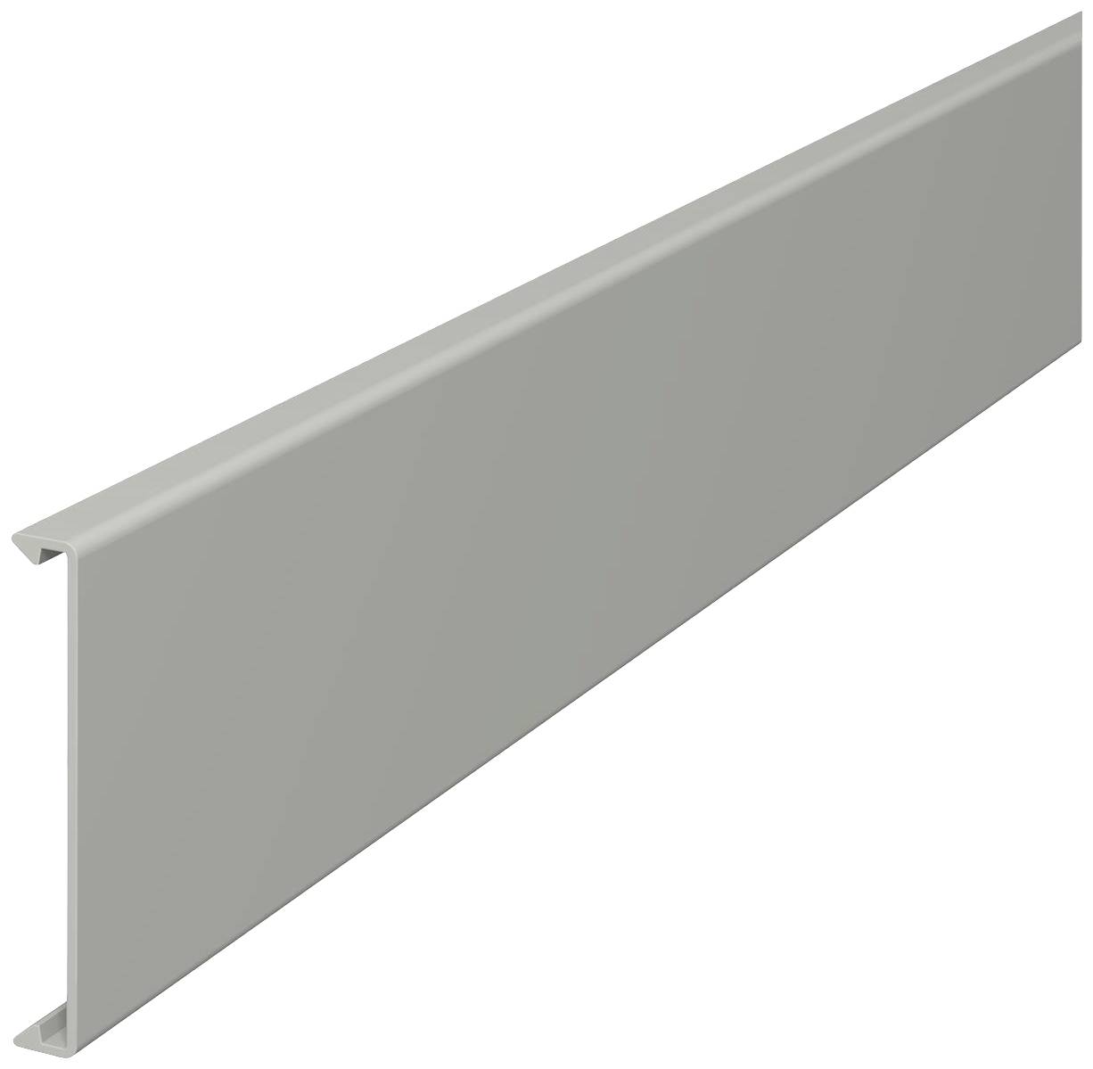 Graues, horizontal liegendes Kunststoffprofil mit flacher Oberfläche und U-förmigem Querschnitt. Dient zur Verkleidung oder als Abdeckung.