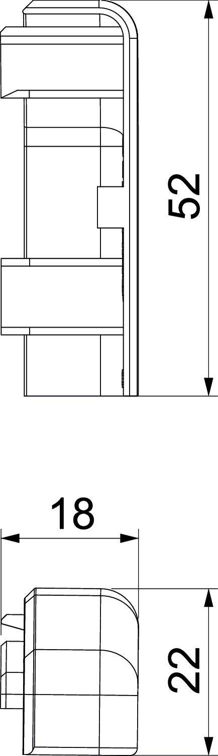 Technische Zeichnung eines zylindrischen Teils mit Maßen: Höhe 52 mm, Breite 22 mm, Länge 18 mm. Zeigt seitliche und frontale Ansicht.